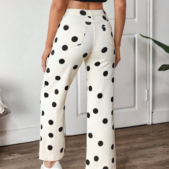 Khaki Casual Women's Color-Block Polka Dot Print Straight Leg Jeans - Picture 2 of 7